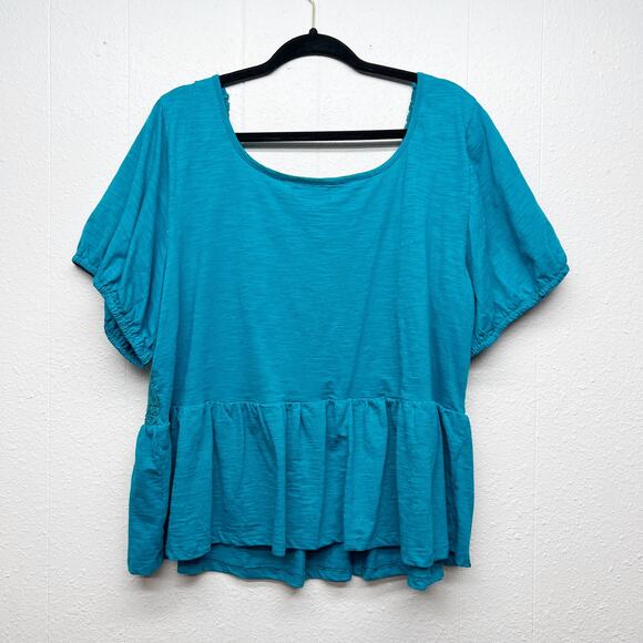 Lane Bryant Blue Ruffle Hem Top Womens 22/24 Peplum Lace Puff Sleeve Stretch - Picture 5 of 11